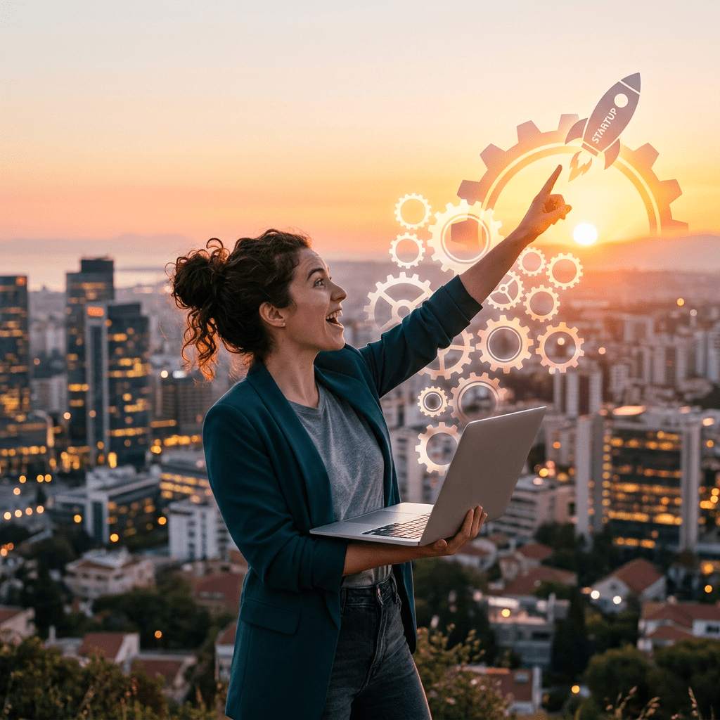 Woman holding laptop pointing at startup rocket and gears graphic over cityscape at sunset