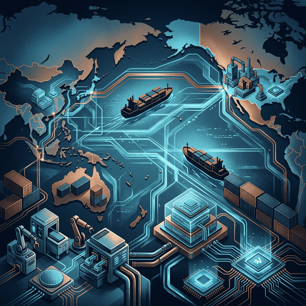 Stylized world map showing ships, factories, robots, and connected microchips